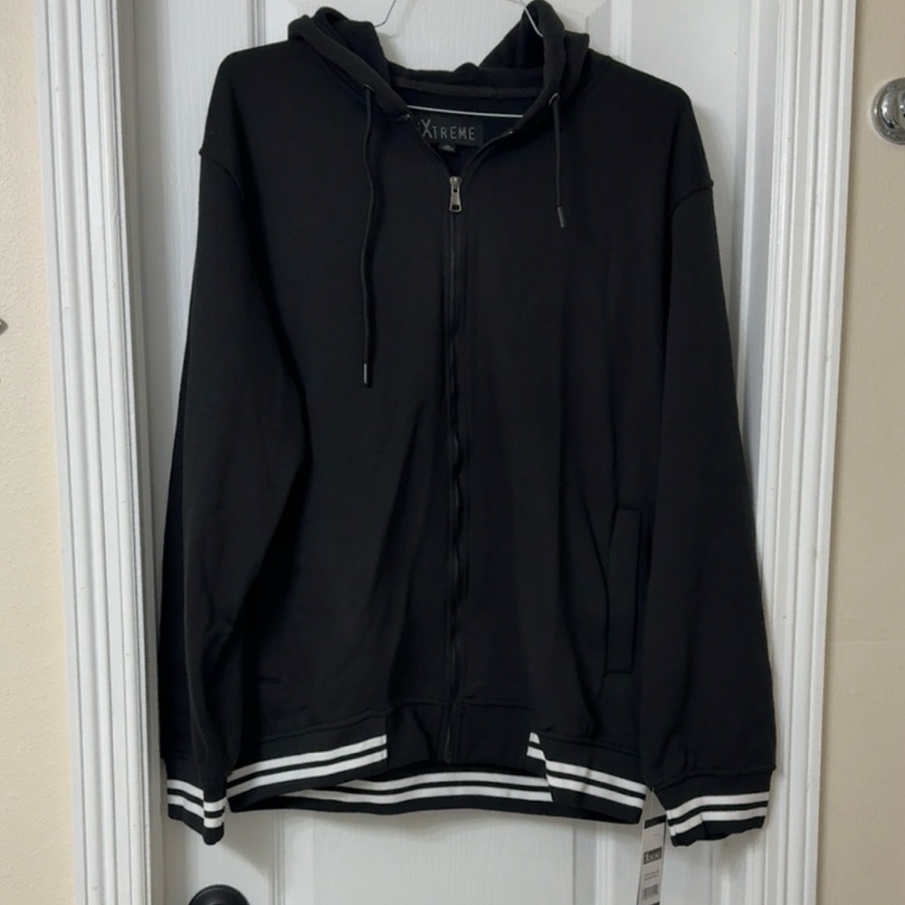 iXtreme Black Hoodie Full Zip Pockets White Stripe Trim Size XL